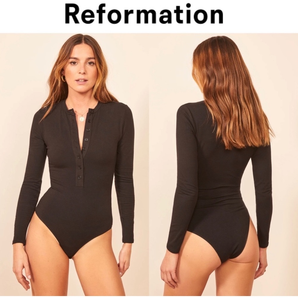 Reformation Jeans Nisa Knit Bodysuit Black Minimalist Long Sleeves Button Front